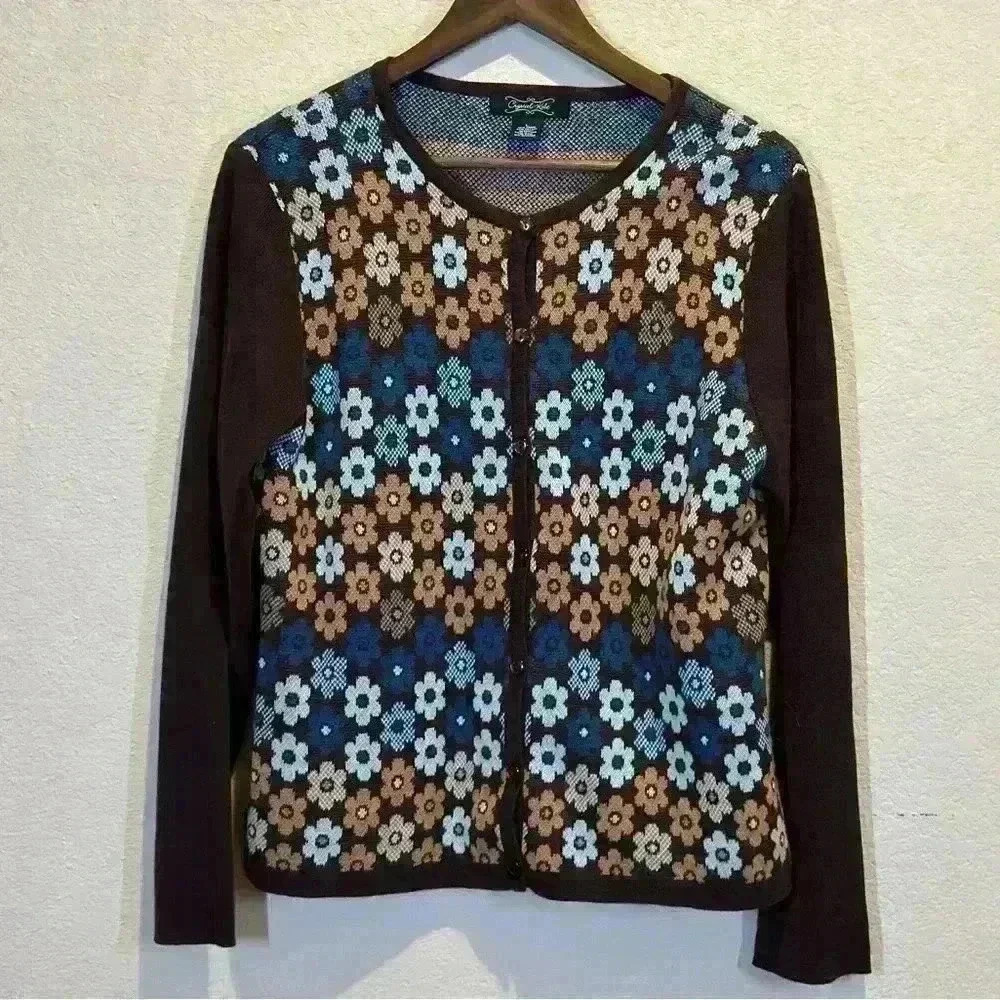 Crystal Kobe Womens Size L Brown Groovy Floral Button Cardigan Grannycore